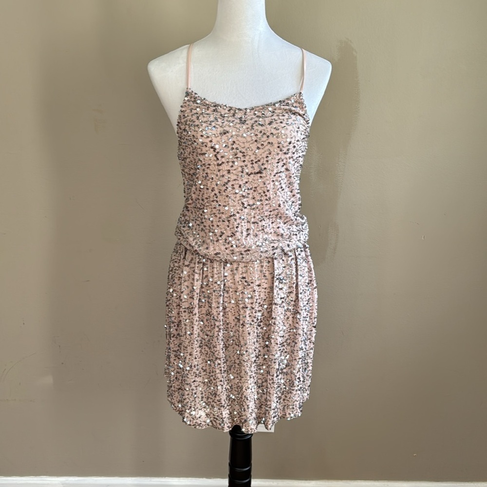 Alice + Olivia Bridget Sequined 100% Silk Blouson Pale Pink Blush Dress‎ Size XS - Picture 6 of 13